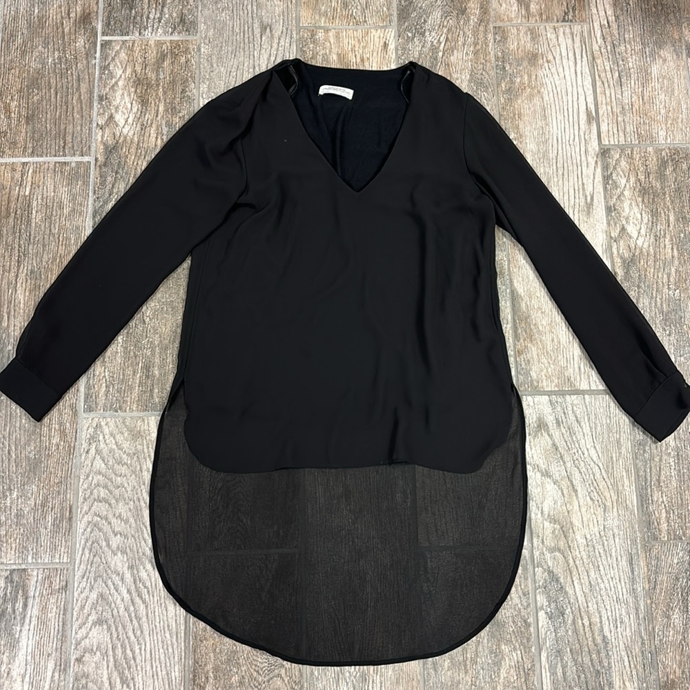 Zara Women Black V Neck long sleeve long back chiffon top Sz. S